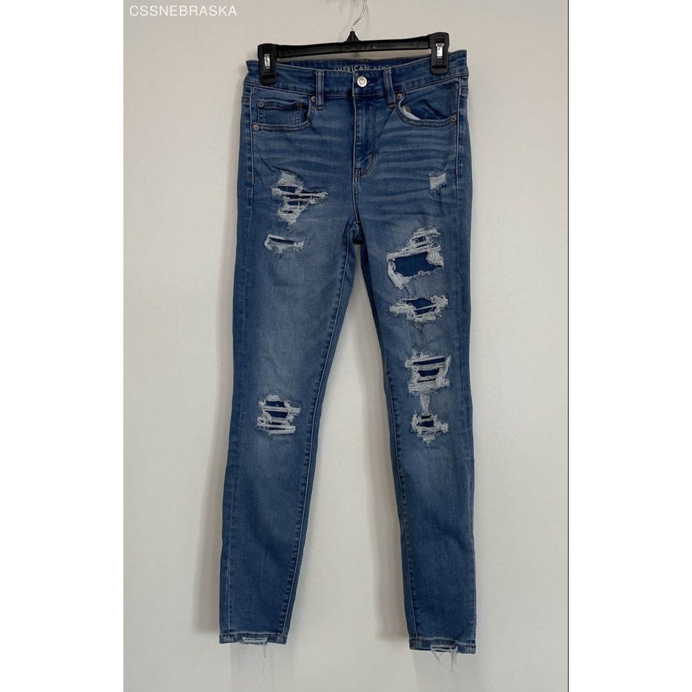 American Eagle Blue womens high-waisted fit and distressed denim jeans - Size 6